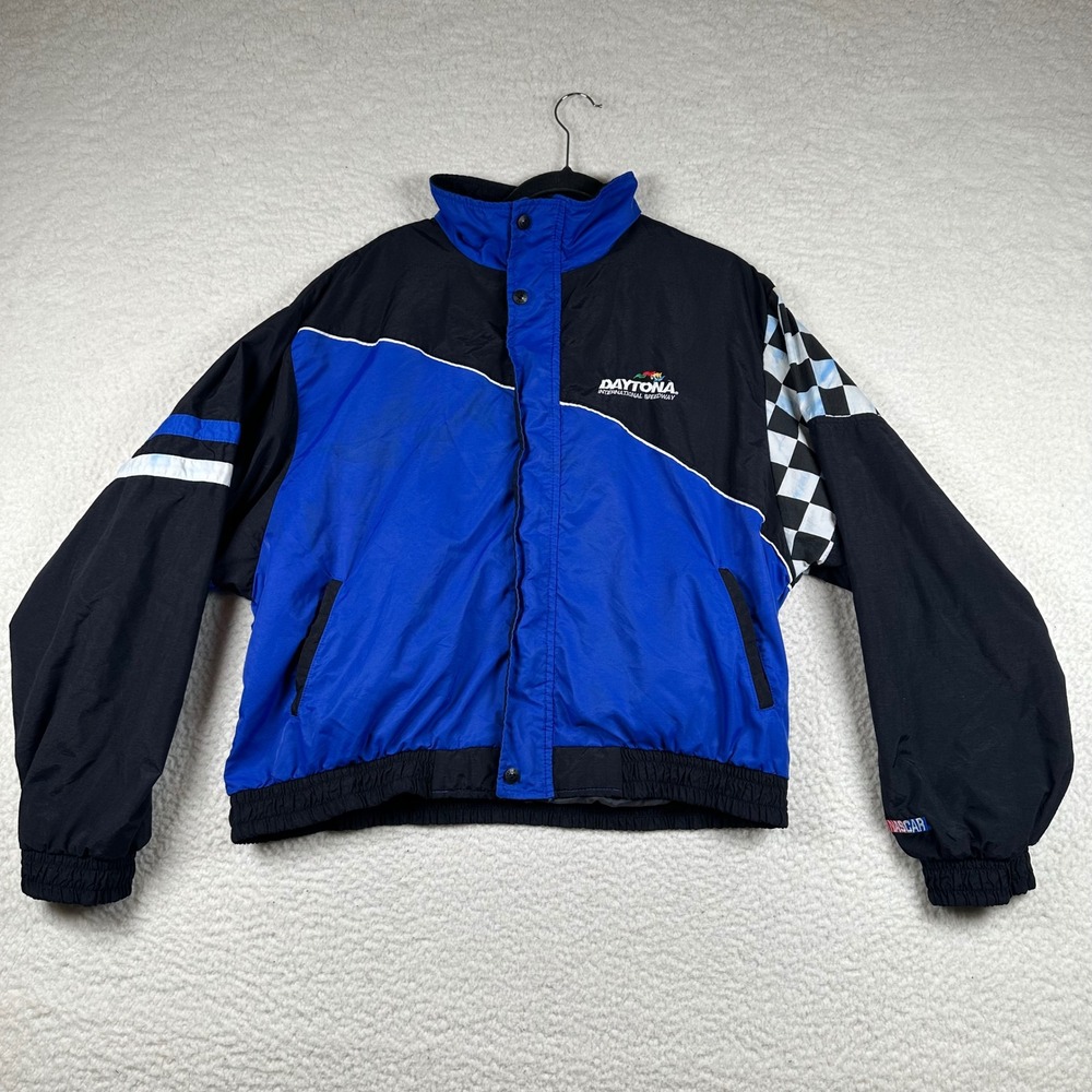 Vtg Daytona International Speedway NASCAR Racing Jacket Blue Black Checkered L